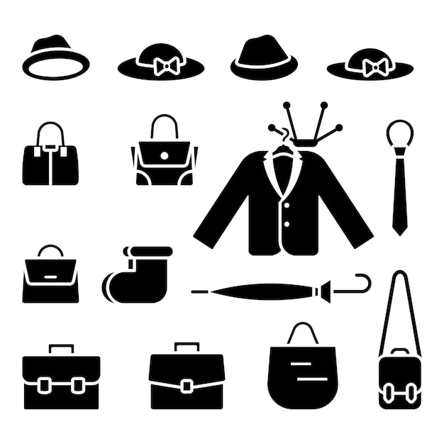 Sombrero tapa bolsa maletín chaqueta blazer corbata botas paraguas icono vector ilustración conjunto