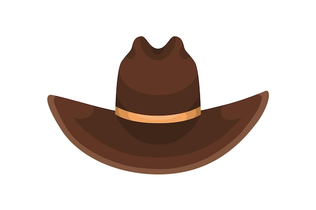 Sombrero de vaquero marrón decorado con ilustración plana vectorial de cinta dorada. Colorido tocado masculino en estilo country o western aislado en blanco. Accesorio de cabeza de moda para ranchero o rodeo.