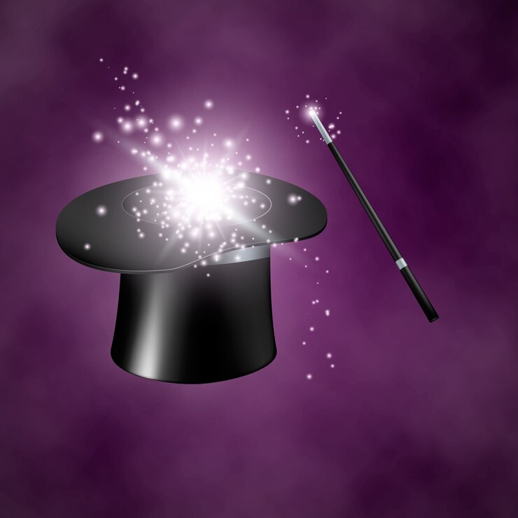 Vector sombrero y varita mágicos. sobre fondo morado con humo