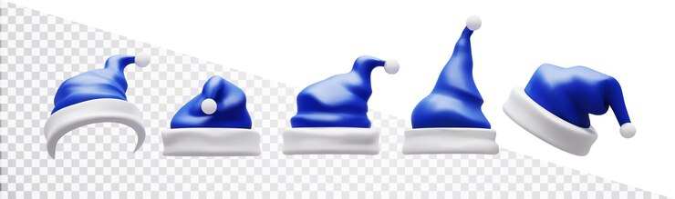 Vector sombreros azules de santa claus un conjunto de tocados festivos en diferentes ángulos sobre un fondo transparente vector 3d realista