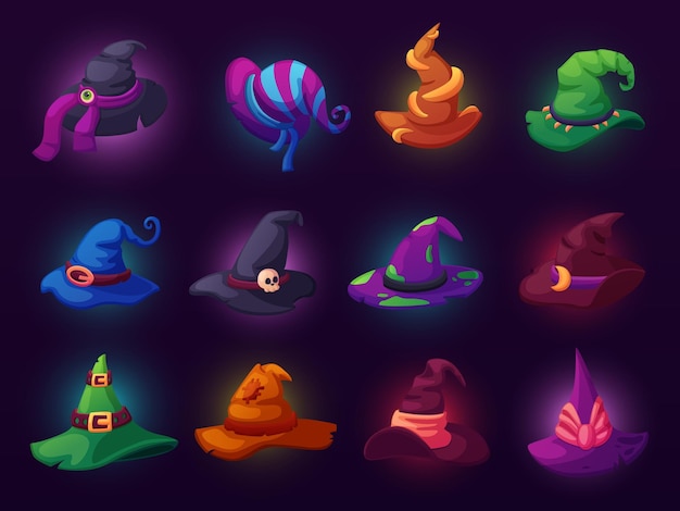 Los sombreros de brujas de dibujos animados, los sombreros aislados de brujas, el sombrero mágico del mago, el diseño de Halloween, el elemento del disfraz con los ojos de horror, los cráneos de las arañas, el conjunto vectorial actual.