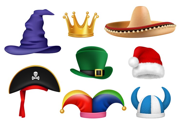 Vector sombreros de carnaval. mascarada ropa tela sombreros divertidos vikingo sombrero payaso santa corona fiesta celebración artículos realistas. carnaval de sombrero de mascarada, ilustración de fiesta de disfraces