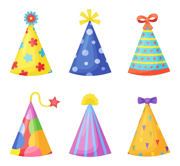 Vector sombreros de colores para la celebración de la fiesta de cumpleaños vestimenta divertida decorativa para vacaciones o carnaval gorras festivas con lazos de flores y estrellas para el conjunto de vectores de entretenimiento infantil accesorio brillante