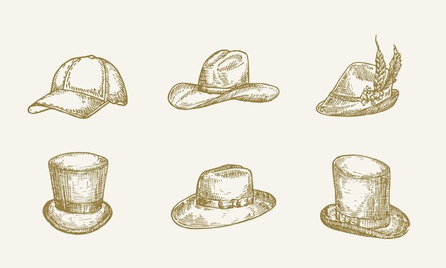 Sombreros dibujados a mano ilustraciones vectoriales colección bocetos de desgaste de la cabeza conjunto aislado