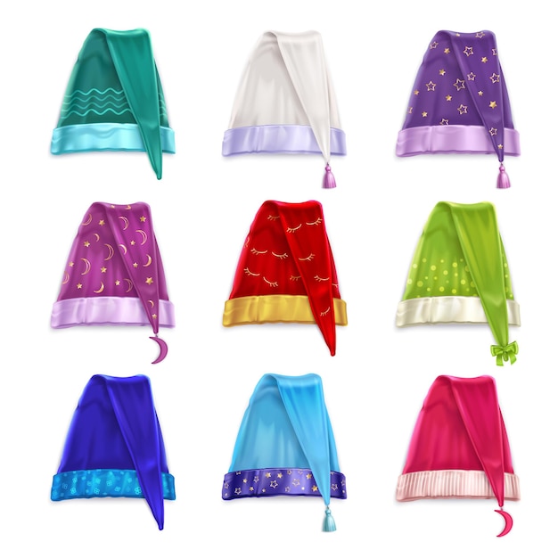 Sombreros para dormir de varios colores conjunto realista ilustración aislada