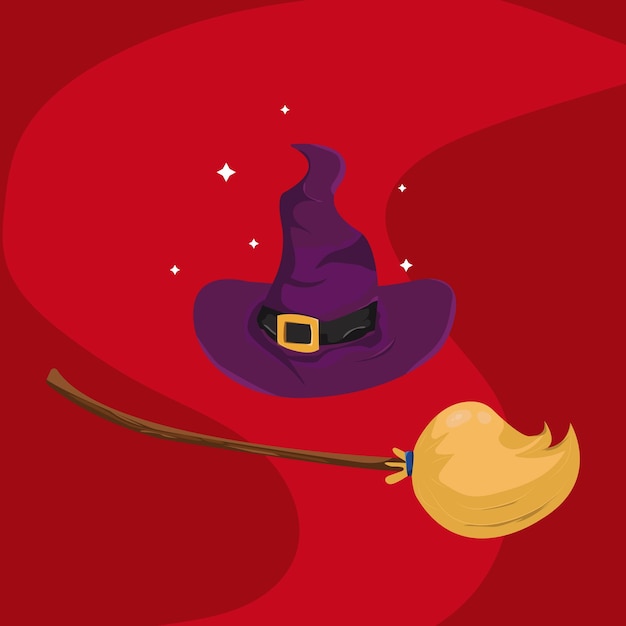 Vector sombreros y escobas de halloween con decoraciones de estrellas y fondo rojo.