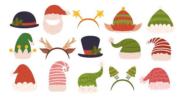 Sombreros festivos de Navidad Feliz día festivo Papá Noel Gorra roja y barba Astas de reno Sombrero superior y de tazón Diadema de elfo y abeto Difunda alegría con estilo con esta colección Ilustración de vectores de dibujos animados