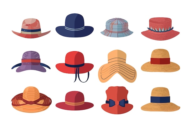 Sombreros gorras panamas conjunto Diseños de accesorios de ropa de cabeza de playa de paja de punto Aislado sobre fondo blanco Ilustración de dibujos animados vectoriales