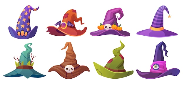 Sombreros de hechicera Sombrero de mago de Halloween gorra mágica mago malvado hechicero hallowen elementos de disfraces de vacaciones bruja de fantasía gorras antiguas juego mago mascarada ingeniosa ilustración vectorial