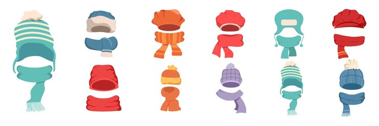 Vector sombreros de invierno niños tejiendo sombreros de otoño sombreros y bufanda clima frío accesorios para niños aislados iconos de ilustración vectorial conjunto niño tejido bufanda accesorio sombreros otoño ropa infantil