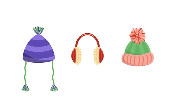 Sombreros de invierno y orejeras Conjunto de cabeza usa Auriculares cálidos Vector de dibujos animados plana