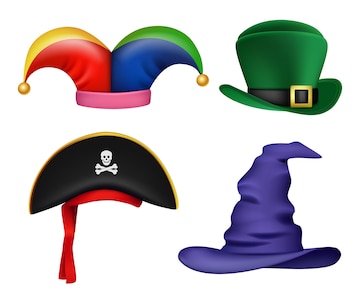 Sombreros de mascarada. disfraces de colores divertidos y máscaras, elementos de ropa la celebración de fiestas, colección realista de vectores. carnaval pirata y sombrero de bufón, ropa divertida para vacaciones