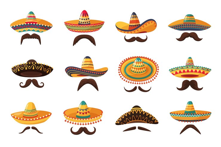 Vector sombreros mexicanos con sombreros y bigotes sombreros tradicionales con patrones étnicos máscaras de estilo mexicano conjunto de vectores de dibujos animados