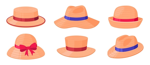Sombreros de paja Verano jardinero de playa o granjero sombrero de cabeza vacaciones sombreros depacho ilustraciones vectoriales planas conjunto Colección de sombreras de paja de dibujos animados