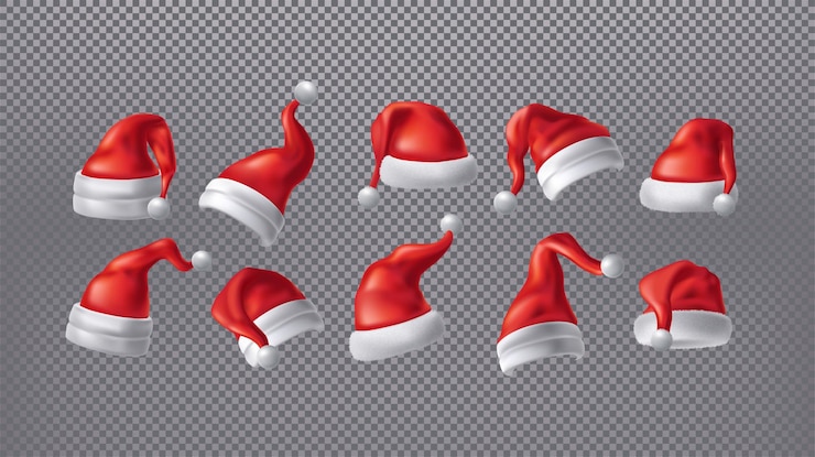 Vector sombreros de papá noel gorra de navidad vacaciones de año nuevo ropa roja con bolas de pelaje en fondo transparente accesorio de invierno frío 3d decoración de navidad decoración vectorial exacta elementos realistas conjunto