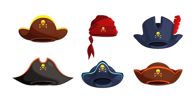 Sombreros de pirata Disfraces bandanas de piratas carnaval marinero ropa capitán personajes chillones vector sombreros colección en estilo plano