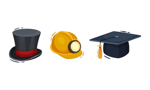 Sombreros profesionales con casco de seguridad para mineros y sombrero de graduación con conjunto de vectores Tassel