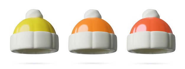 Sombreros de punto cálidos d iconos vectoriales establecidos en otoño niños usan cascos ilustraciones tridimensionales