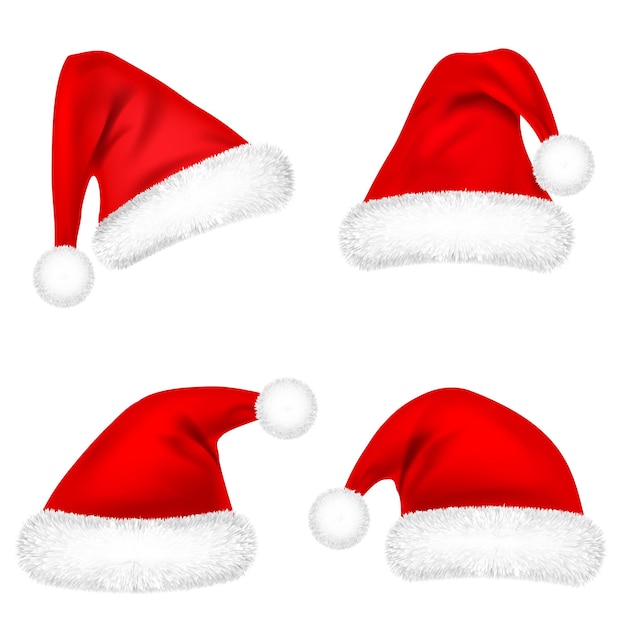 Vector sombreros de santa claus de navidad con set de piel de año nuevo sombrero rojo aislado en fondo blanco gorra de invierno