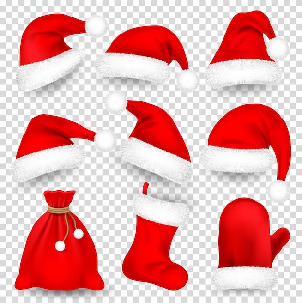 Sombreros de Santa Claus de Navidad con set de pieles bolsa de guante calcetín de año nuevo sombrero rojo aislado en blanco