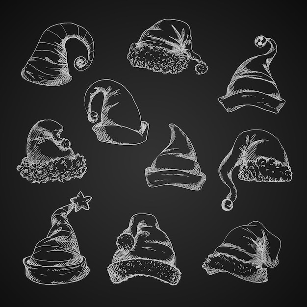 Sombreros De Santa Vector Iconos De Dibujo A Lápiz. Bocetos de tiza aislados en la pizarra. Para elementos de decoración de vacaciones de año nuevo y navidad.