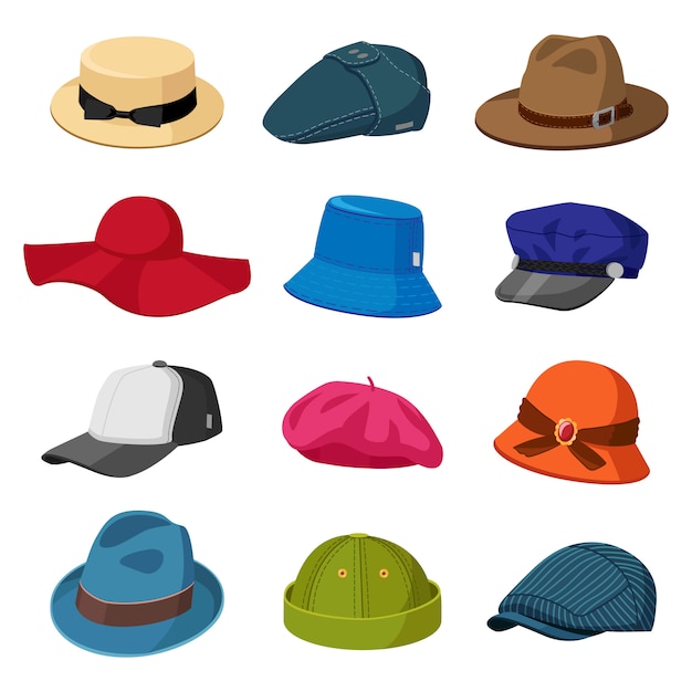 Sombreros sombreros. hombres y mujeres elegantes sombreros, gorras modernas y retro, elegantes sombreros y gorras, accesorios de moda conjunto de iconos de ilustración. gorra y tocado, elegante tocado varios