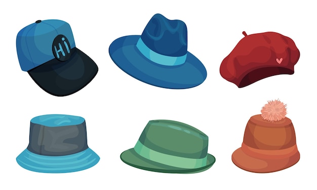 Sombreros y tocados de borde ancho aislados en un conjunto vectorial de fondo blanco