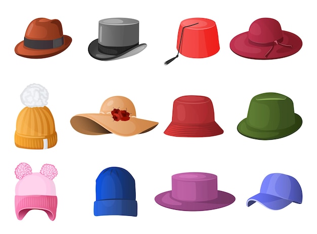 Sombreros y tocados de invierno de verano. Sombreros masculinos y femeninos con estilo en blanco. Sombreros clásicos y modernos retro vintage, accesorio de ropa colorido conjunto de dibujos animados de sombreros