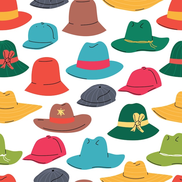 Sombreros vector de dibujos animados de patrones sin fisuras sobre un fondo blanco