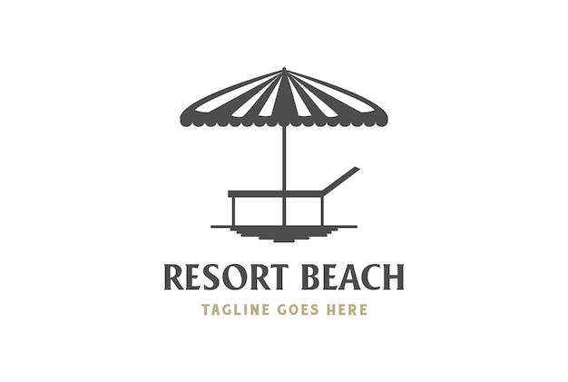 Sombrilla de playa vintage y silla de sol en la arena para el vector de diseño de logotipo de vacaciones de viaje