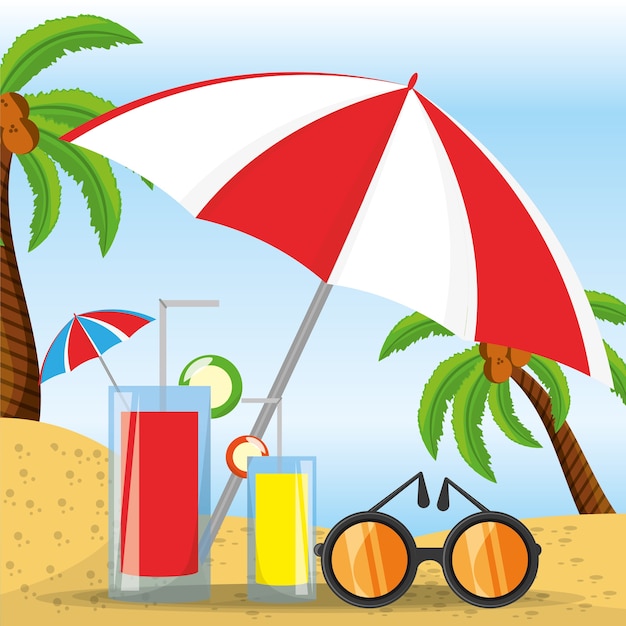 Sombrilla de verano, gafas de sol y cóctel