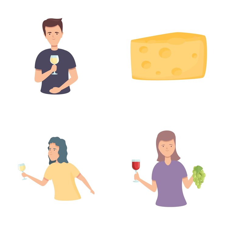 Sommelier iconos conjunto vector de dibujos animados experto profesional haciendo degustación de vino