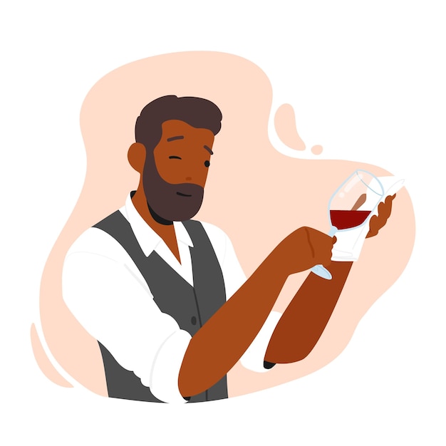 Sommelier o Wine Steward Holding Wineglass con un especialista en bebidas de lujo Taster Personaje masculino Degustación de bebidas alcohólicas