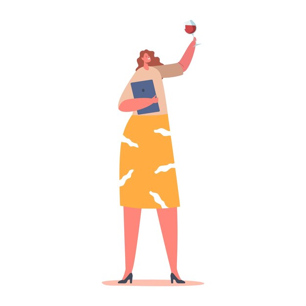 Sommelier Personaje femenino Cata Especialista en concepto de vino con bebidas en copa de vino y Tablet Pc Proceso de degustación de bebidas alcohólicas aislado sobre fondo blanco Personas de dibujos animados Vector Ilustración