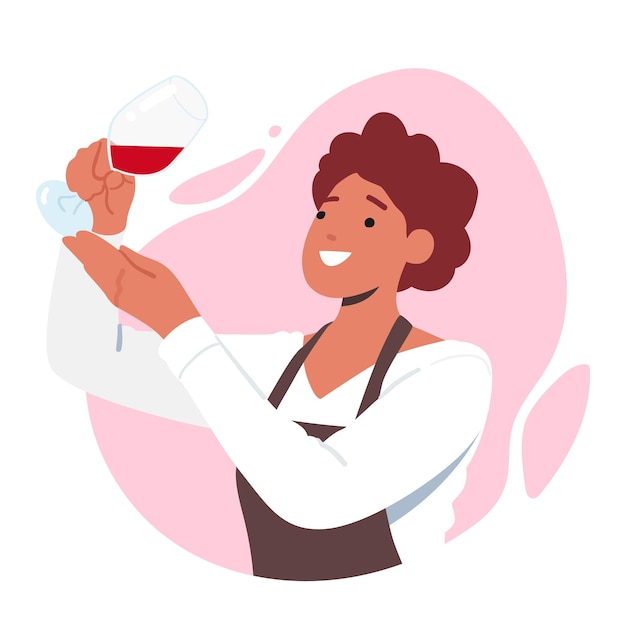 Sommelier personaje femenino especialista en concepto de degustación de vinos mirando el color de la bebida en la ilustración de la copa de vino