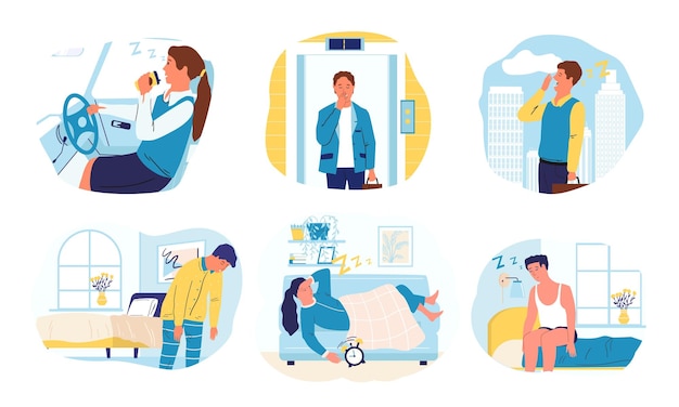 Somnolencia Dibujos animados bostezando hombres y mujeres quieren dormir Escenas de personas aburridas y exhaustas Personajes soñolientos en casa y en el trabajo o en el transporte Vector difícil despertar por la mañana