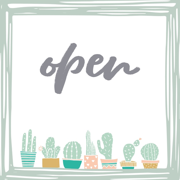 Somos un póster abierto para abrir una tienda con marco de flores verdes. Dibujado a mano diseño de letras.