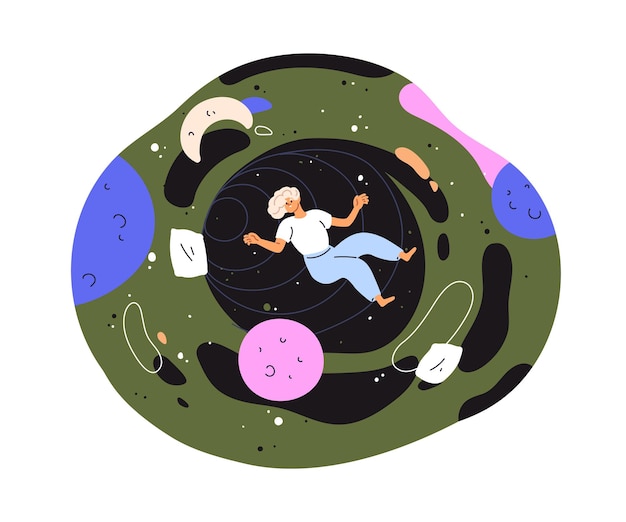 Vector soñador volando en la noche sueño durante el sueño mujer inconsciente flotando en el espacio universo de fantasía cosmos fantástico concepto de psicología ilustración vectorial gráfica plana aislada sobre fondo blanco