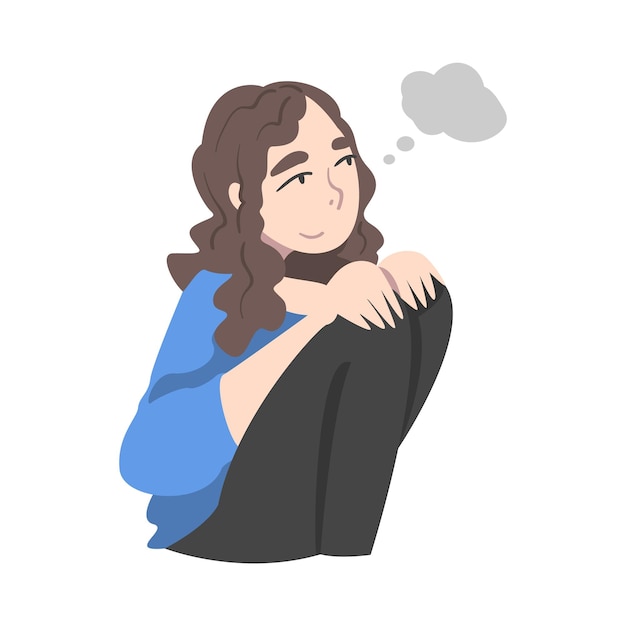 Soñando con una mujer sentada con las rodillas dobladas fantaseando imaginando algo en su cabeza Ilustración vectorial