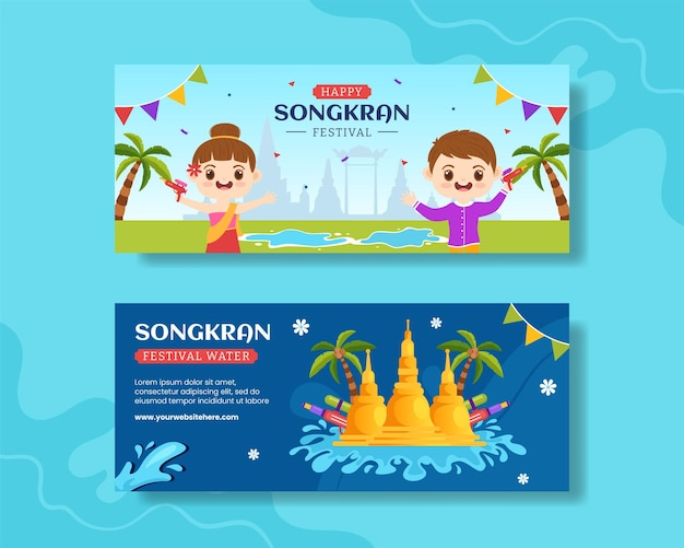 Songkran Festival Day Banner horizontal Dibujos animados planos Plantillas dibujadas a mano Ilustración de fondo