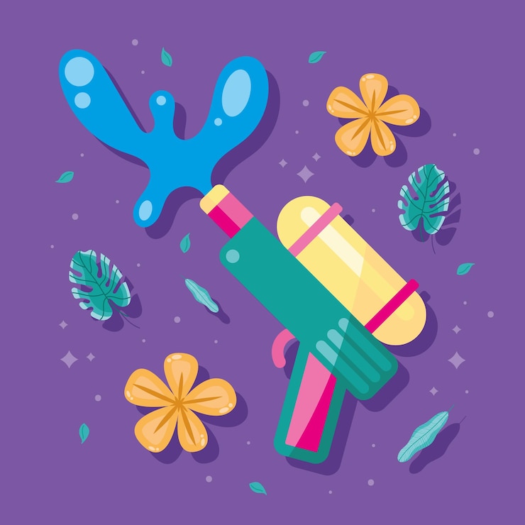 Vector songkran pistola de agua de juguete y flores.