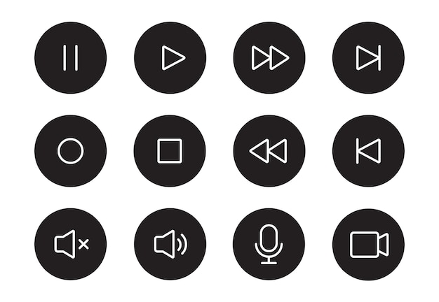 Sonido botón de reproductor de video icono de línea reproducción de música sonido silenciar botón de pausa delgado conjunto de iconos de línea editable cámara de micrófono pictograma de audio vector