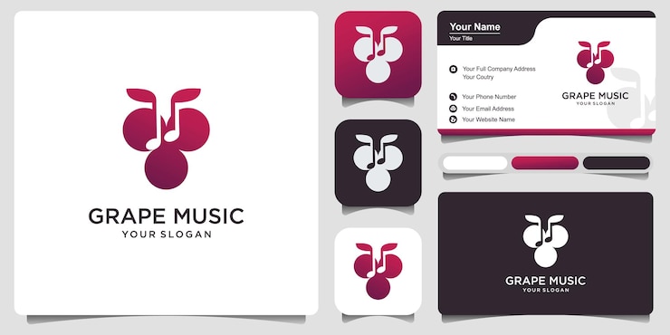 Vector sonido o música de wine icon logo con tarjeta de visita. ilustración de logo de icono de fruta de uva