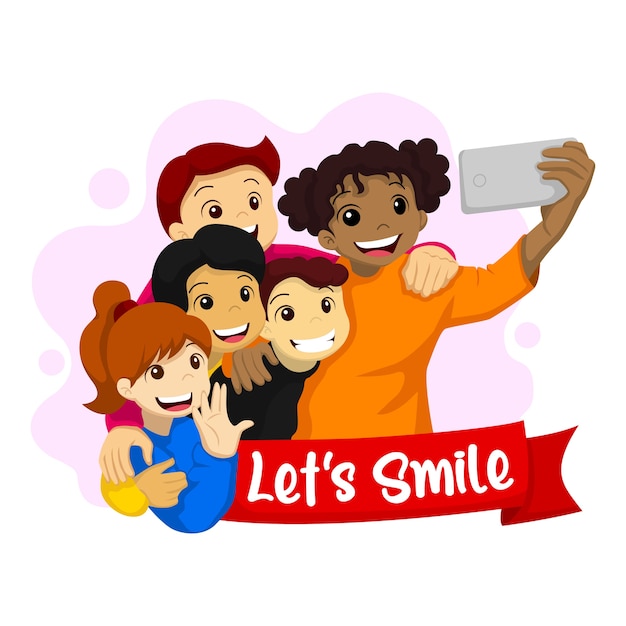 Vector sonriamos. ilustración del día mundial de la sonrisa. niños felices tomando una selfie