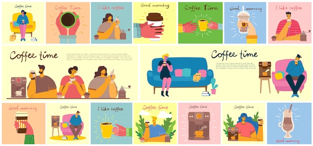 Sonriendo amigos de la gente tomando café y hablando. tarjetas de concepto de tiempo de café, descanso y relajación. ilustración en estilo de diseño plano