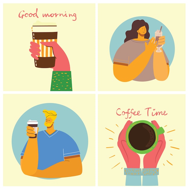 Sonriendo amigos de la gente tomando café y hablando. tarjetas de concepto de tiempo de café, descanso y relajación. ilustración en estilo de diseño plano
