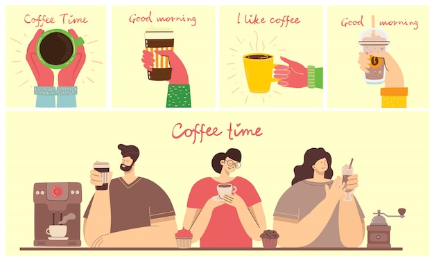 Sonriendo amigos de la gente tomando café y hablando. tarjetas de concepto de tiempo de café, descanso y relajación.