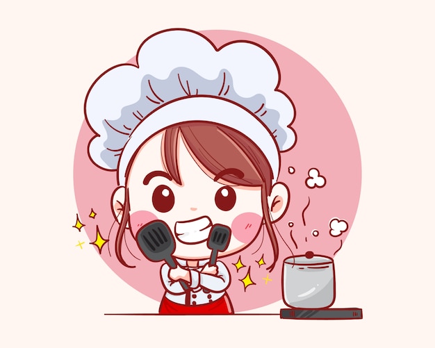 Sonriendo feliz mujer pastelero. chef mujer está cocinando dibujado a mano ilustración.