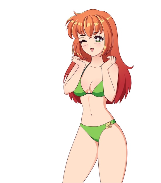 Vector sonriente anime manga chica de cabello rojo con traje de baño verde patas lindas manos aisladas sobre fondo blanco