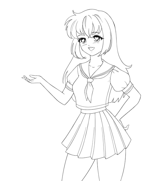 Sonriente anime manga girl vistiendo uniforme escolar aislado